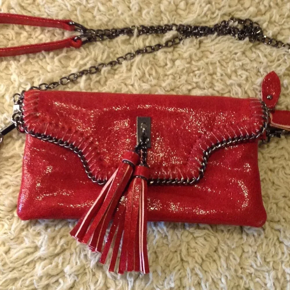 Sondra Roberts Square Red Bling Faux Suede Tassel Wristlet/Crossbody Chic Style